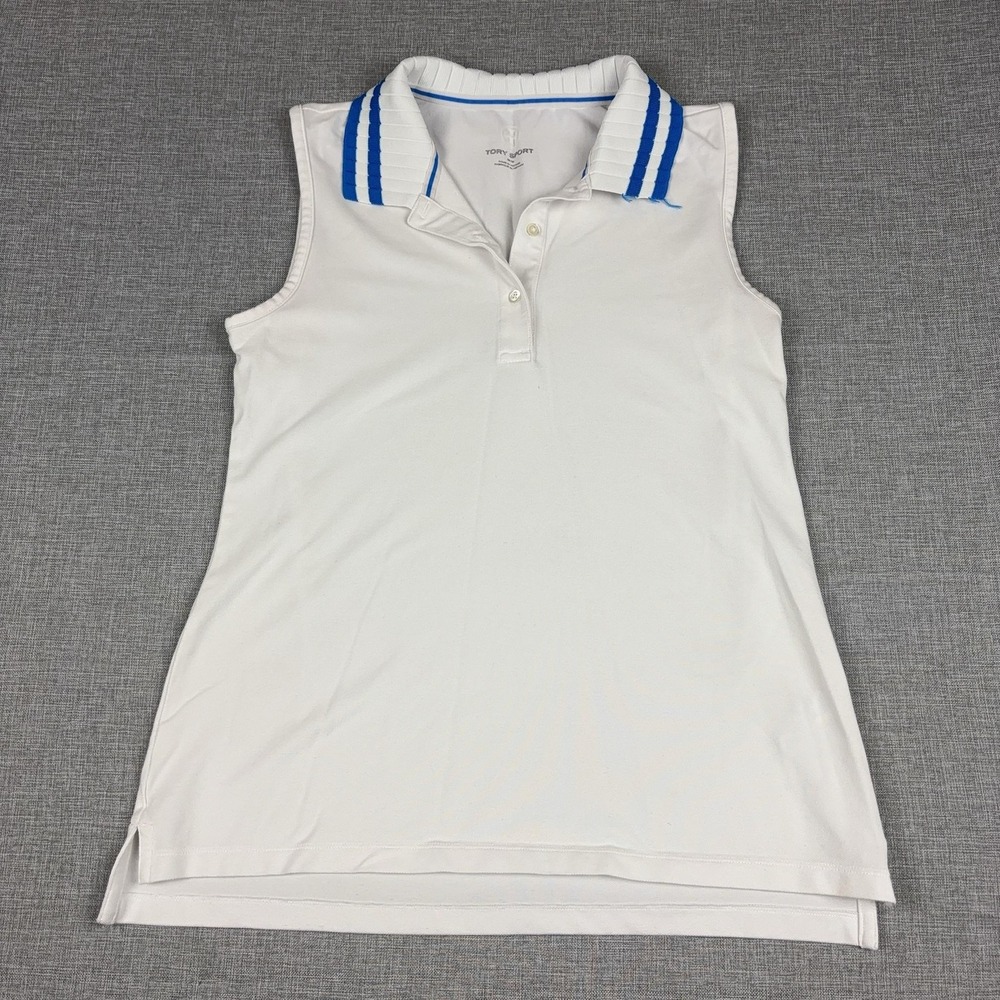 Tory Sport Polo Shirt Womens Medium White Sleeveless Striped Collar Athletic